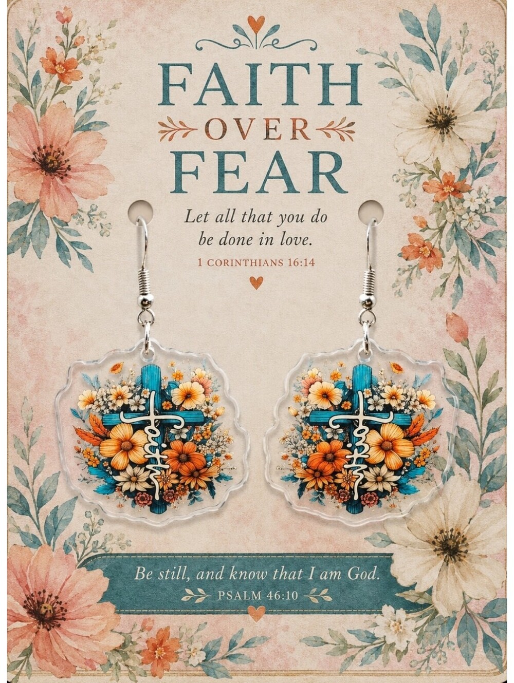 Faith Pray Hope Teal Cross Wildflowers Hypoallergenic Acrylic Dangle Earrings